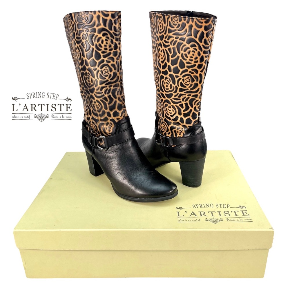 L’Artiste by Spring Step Women‎ 36 Boho Floral Carved Leather Tall Boots Black